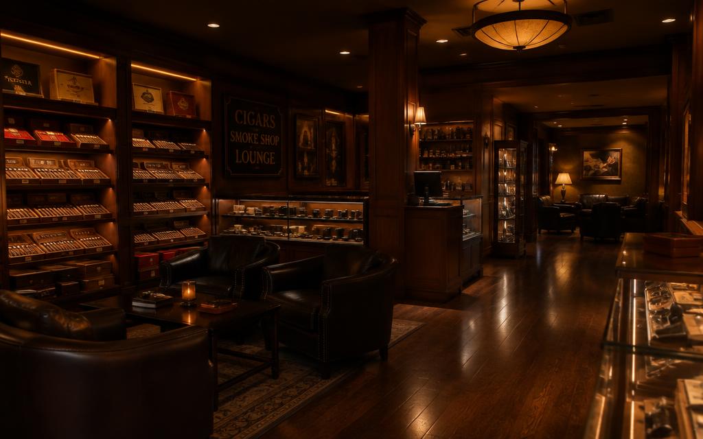 Warm lit interior with cedar shelves and glass cases